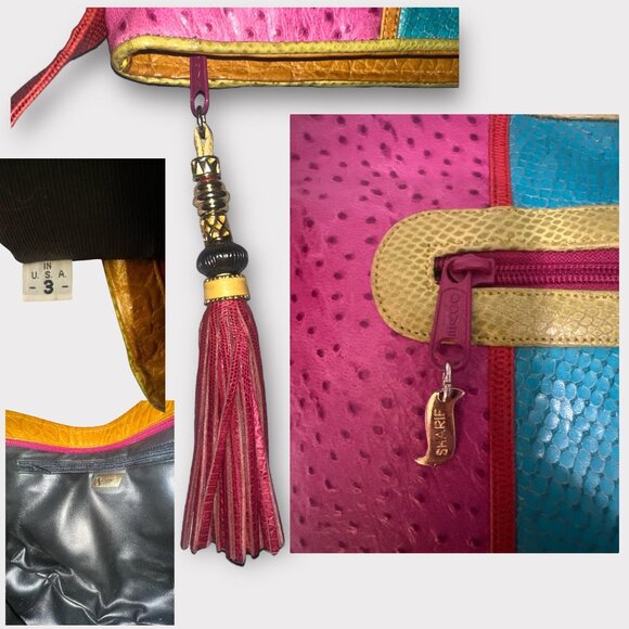 VTG Sharif Purse Multicolor Exotic Mixed Leather Crossbody Bag 80s USA Adjustabl - Picture 8 of 9